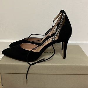 Party Heel! Brand New Bianco Ankle Strap Black Suede Pump
